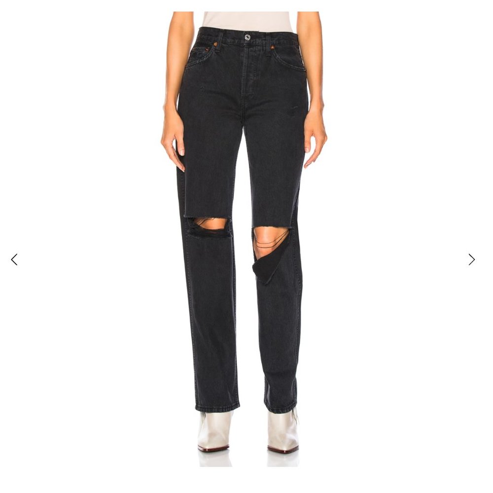 Re/Done Black Distressed Knee-Rip High-Rise Jeans